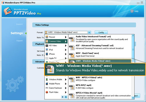Select WMV as the output video format